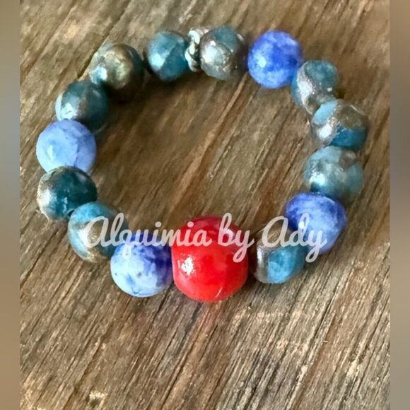 Turquoise lapis and coral beaded ring - Picture 1 of 2